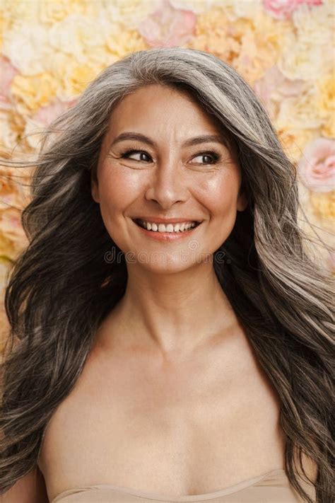 Smiling Mature Topless Woman Standing Posing Stock Image - Image of