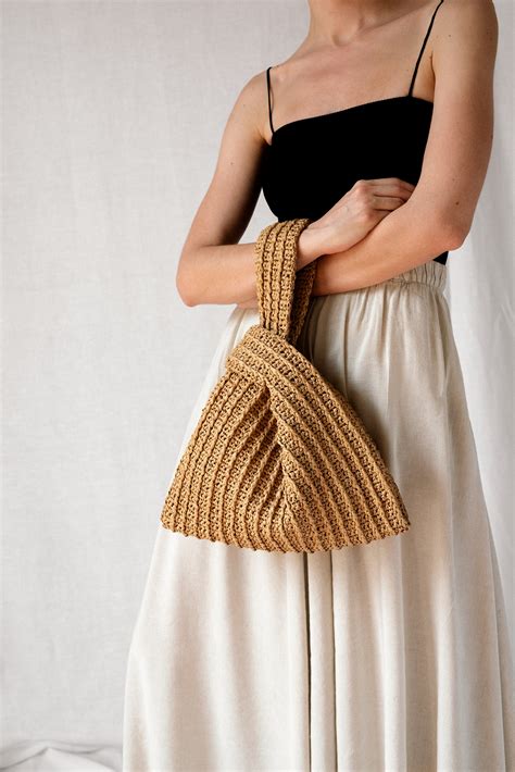 raffia knot bag  tan crochet raffia handbag summer wrist bag