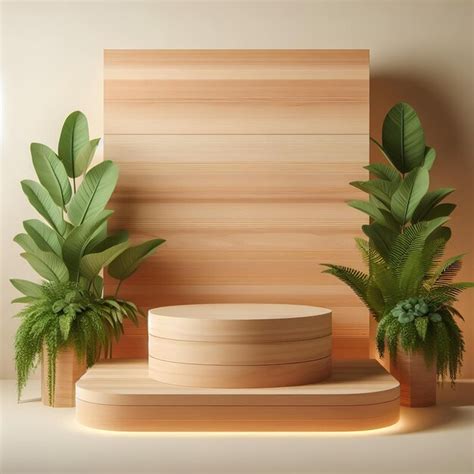 Modern podium crafted from Sustainable Wood and lush plants | Premium ...