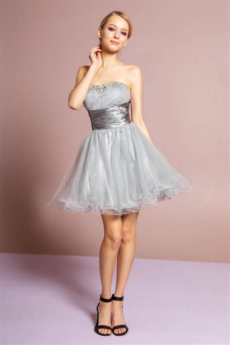 Silver Strapless Beaded Tulle Short Prom Dress for $98.99 – The Dress