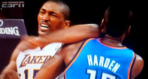 Metta World Peace aka Ron Artest Elbows James Harden (Video ...