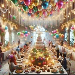 vibrant birthday party scene  flower cake balloons ai art
