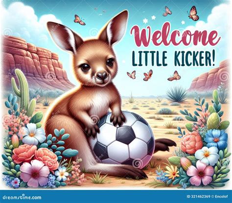 Cute Baby Kangaroo with a Soccer Ball, Flowers, and Butterflies in a ...