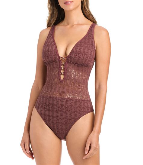 Bleu Rod Beattie Sunkissed Plunge Crochet One Piece Swimsuit at