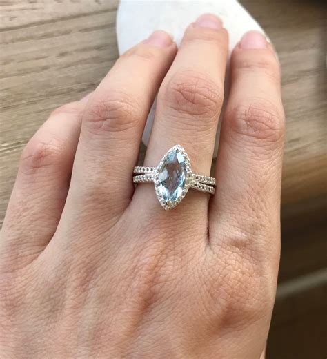 Natural Aquamarine Halo Engagement Marquise Silver Ring- Aquamarine