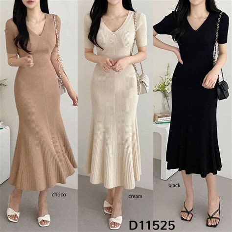 jual collar twotone bodycon knit dress baju midi maxi long dress riby