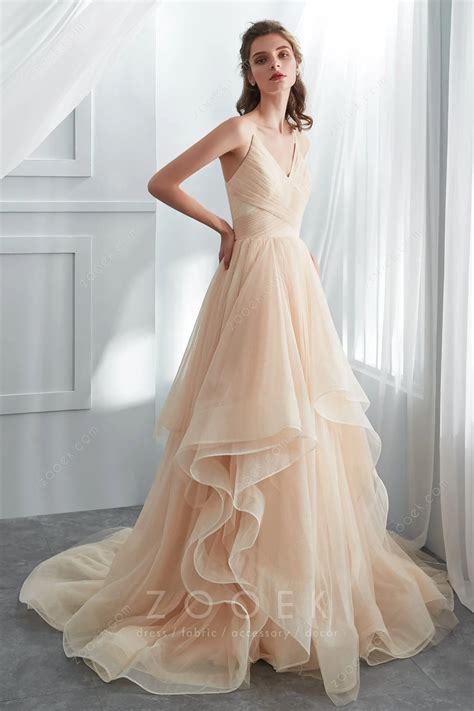 Shimmering Champagne Glitter Tulle Modern Wedding Gown - ZOOEK