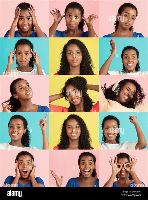 collage featuring young woman displaying spectrum  emotions