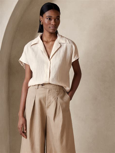 banana republic clara linen short sleeve shirt beige