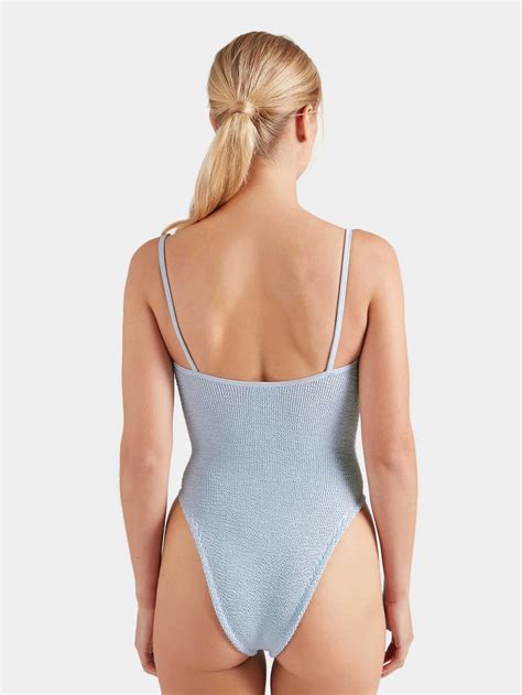 Mia Beaded Seersucker One Piece Swimsuit Metallic Ice Blue | CASALINA