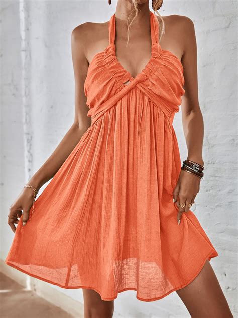 Shirred Backless Halter Neck Dress | Summer dresses, Halterneck dress