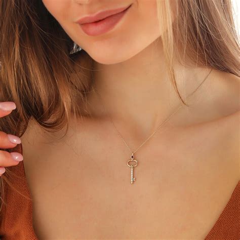 14K Gold Key Shape Diamond Necklace/ Mini Diamond Key Necklace - Etsy