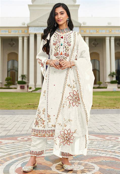 buy embroidered cotton pakistani suit   white  kav
