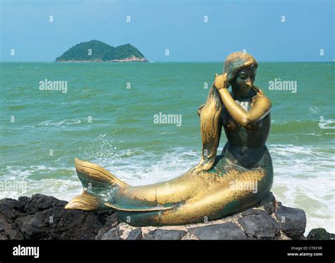 golden mermaid statue songkhla thailand stock photo alamy
