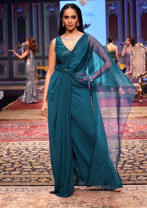 buy women teal ready  wear saree  attached blouse  belt pre