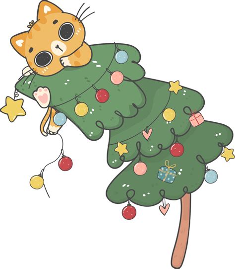 lindo gatito travieso de navidad gato en el árbol de navidad dibujos