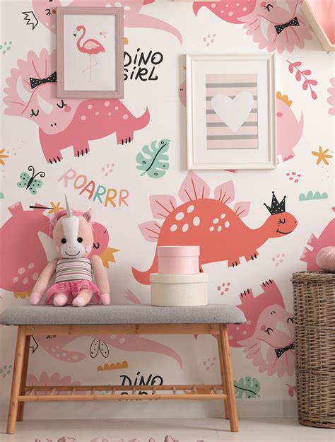 Pink Dinosaur Girls Room Wallpaper, Nursery Pattern, Kids Wallpaper ...