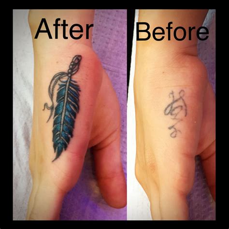 Cover up feather hand tattoo by Jenny Forth, Miami | Hand tattoo cover