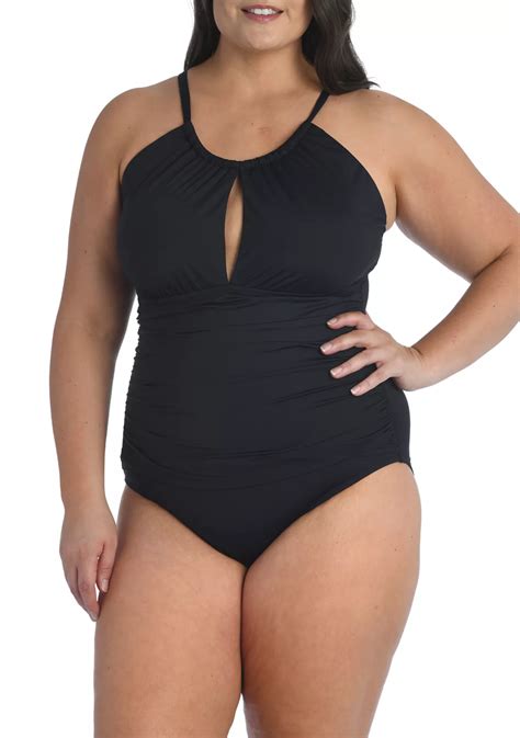 La Blanca Plus Size Island Goddess High Neck Keyhole One Piece Swimsuit