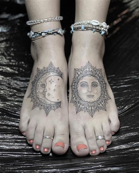 Delicate dotwork Sun and Moon foot tattoo. Feet tattoos ornamental