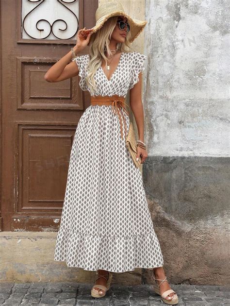 SHEIN VCAY Women's V-Neck Ruffle Trim Belted Summer Dress For Resort ...