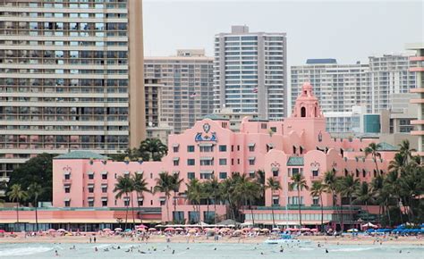 Waikiki Beach Cityscape Showcasing The Iconic Pink Palace Hotel Stock ...