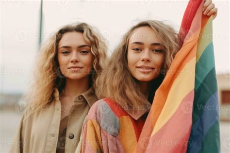 Two women friends hanging out in the city waving LGBT with pride flag