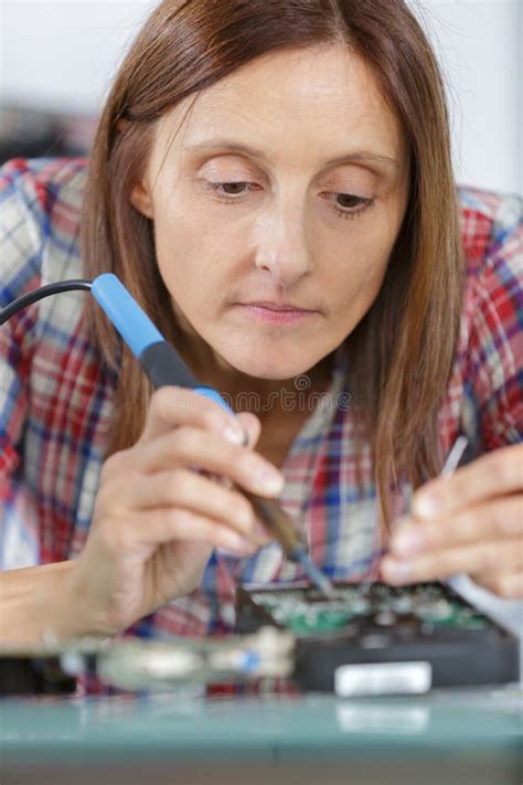 Woman Soldering Elements Circuit Board Stock Image - Image of ...