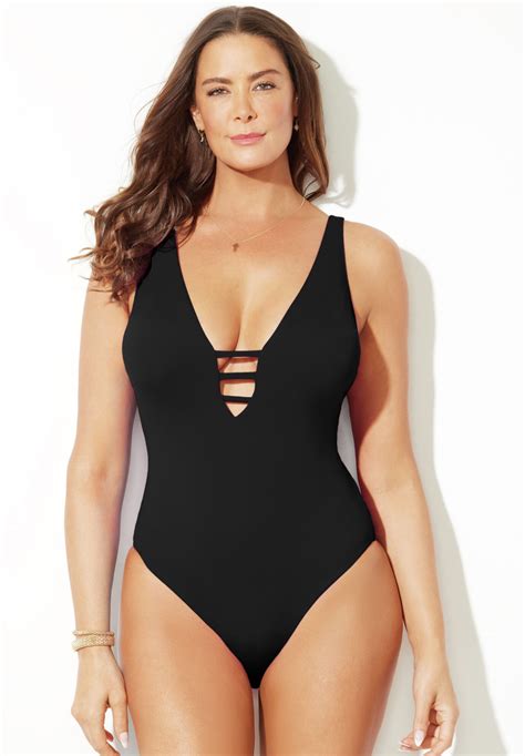 Flattering Strappy Plunge One Piece Swimsuit, Black | Swimsuits For All