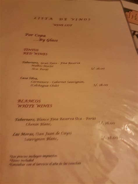 Menu at El Huacatay restaurant, Urubamba