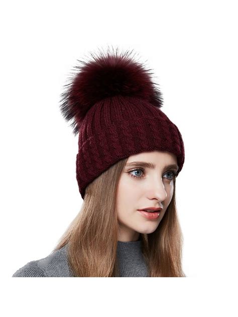 Winter Fur Pom Pom Beanie For Women Real Fox Fur Knit Beanies For Girls ...