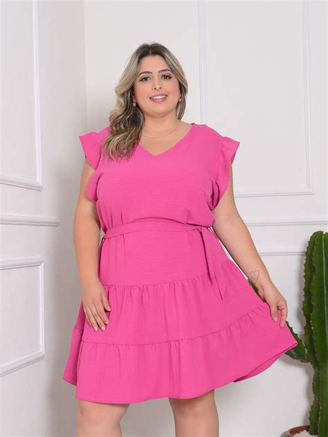 Vestido De Verão Plus Size - Vestido Plus Size Feminino Com Cinto Lisa Duna de verão A-63 | Vestidos ...