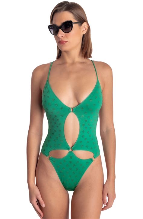 ONE-PIECE SWIMSUIT WITH MICRO PALM STUDS Size M Color Green