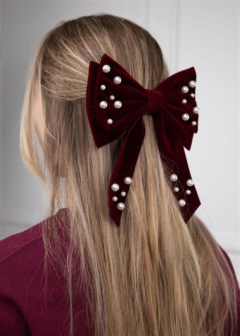 Maroon Velvet Pearl Hair Bow | Christmas hair accessories, Hair bows