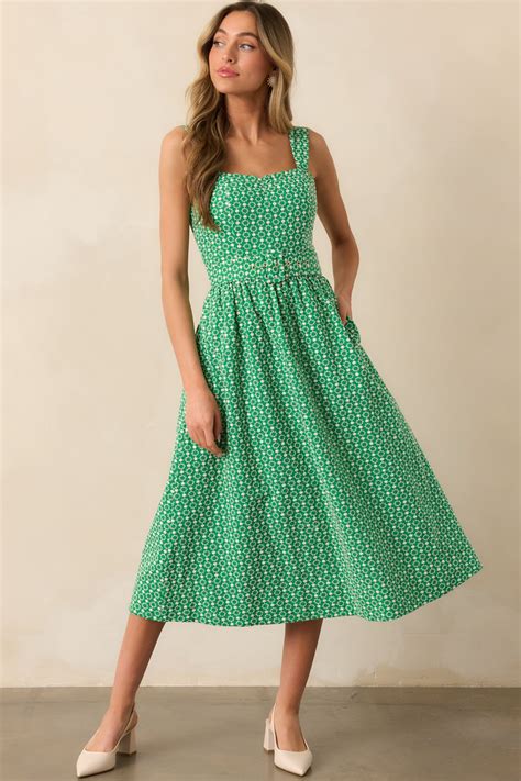 Prosperina Cameron Belted Midi Dress In Meadow Green | Red Dress