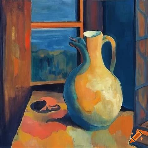 Abstract nordic-style painting of a jug next to a window by_paul_gauguin