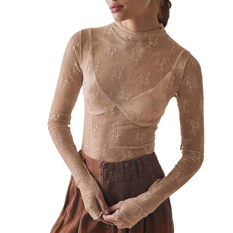 bjutir long sleeve lace tops  women mesh layering floral embroidery
