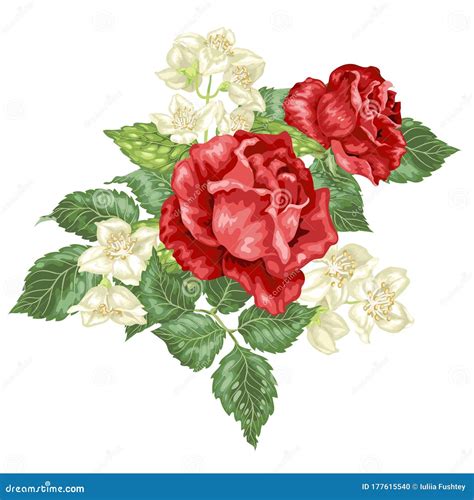 Vector Decor Element with Jasmine and Rose Flowers Stock Illustration