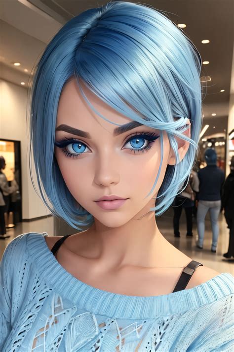 青い髪と青い目をした、写真にポーズをとっている女性 - SeaArt AI