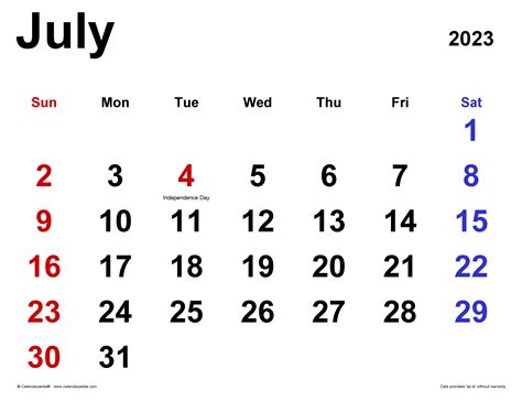 July 2023 Calendar | Templates for Word, Excel and PDF