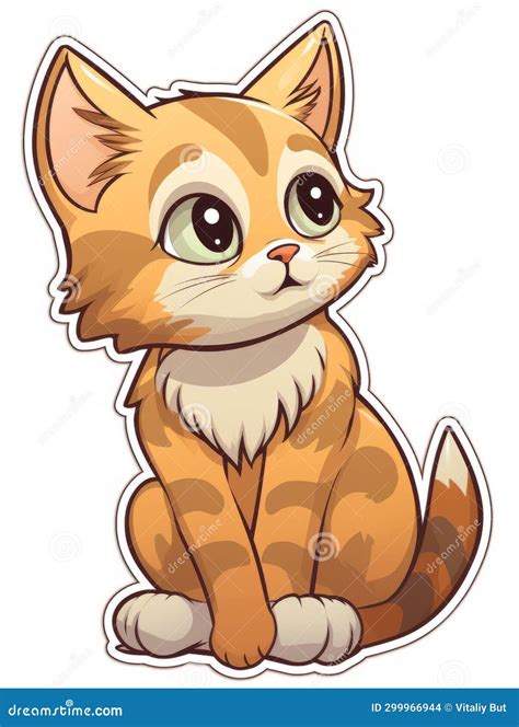 Cartoon Sticker Kitten Looks To the Side Expectantly on White