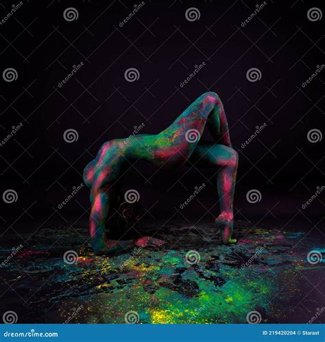 Bright Colorful Body Art on Black Background, Flexible Nude Woman