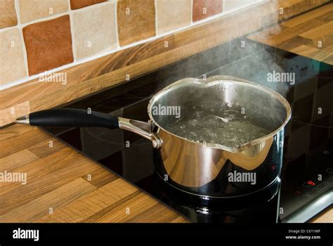 Stainless steel saucepan of boiling water, on an induction hob Stock ...