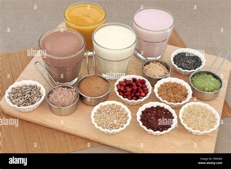 Body building health food with protein and fruit juice shakes Stock ...