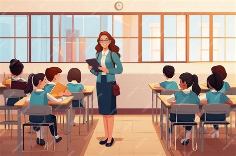 Школьный урок учительница с учениками расположена спереди задний вид ...