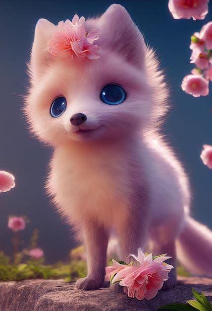 premium photo  cute  adorable baby white fox   big fluffy