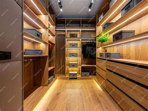Modern WalkIn Closet Interior Design with Wood Shelving and LED