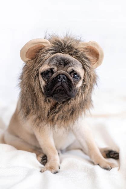 Premium Photo | Funny portrait cute funny pug dog in lion carnival ...