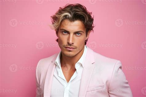 Portrait of fashion caucasian male model on pink background. AI