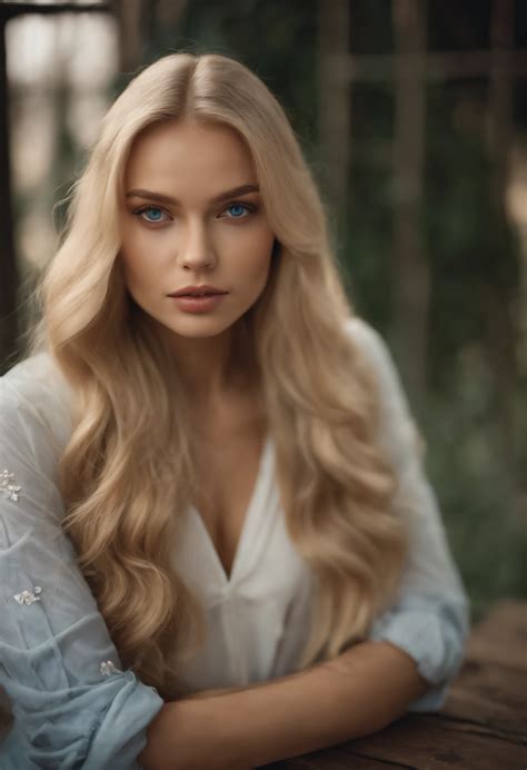 A close up of a woman with long blonde hair and blue eyes - SeaArt AI